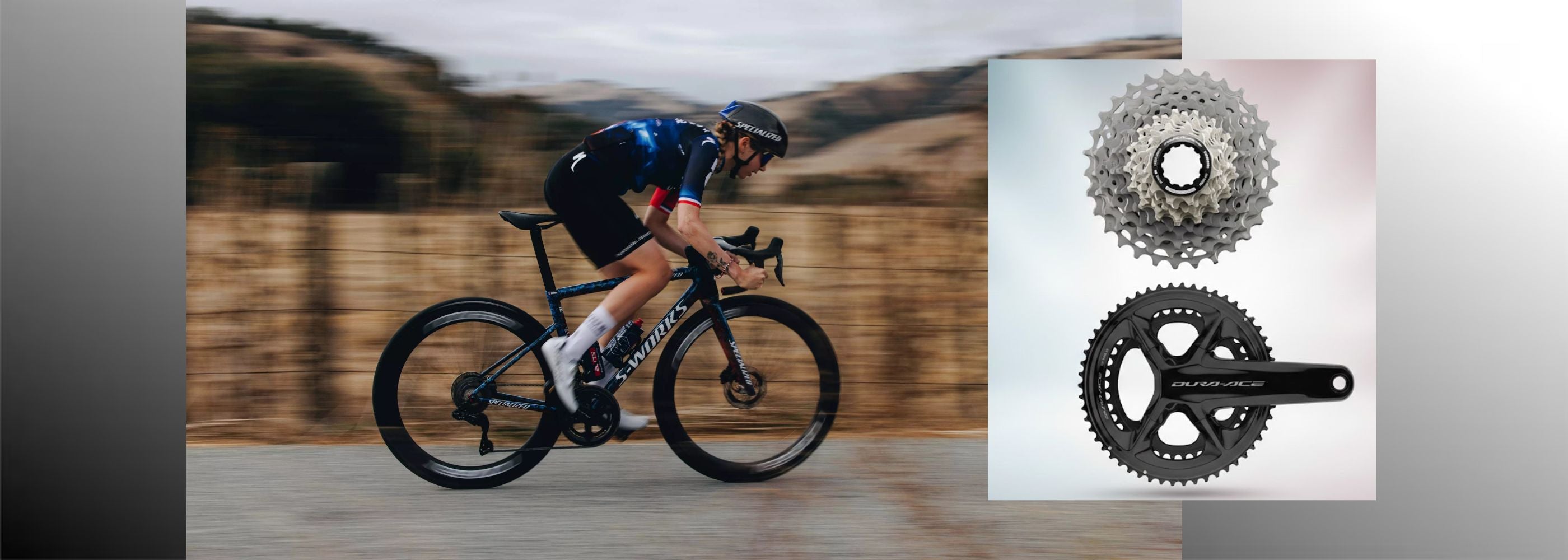 Pédalier et cassette Shimano Dura-Ace 12 vitesses sur fond stylisé - Composants cyclisme haute performance.